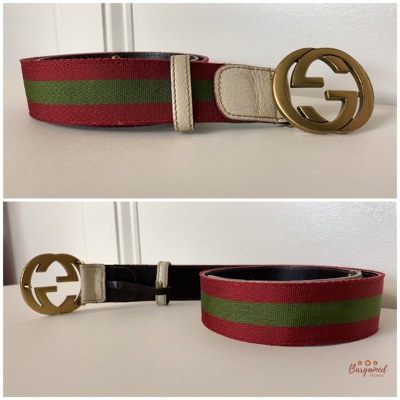 Authentic Gucci Red/Green Web Leather Gold Interlocking G Buckle Belt 85/34 - Picture 11 of 13